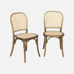 Houten en rotan vintage stoelen (set van 2)