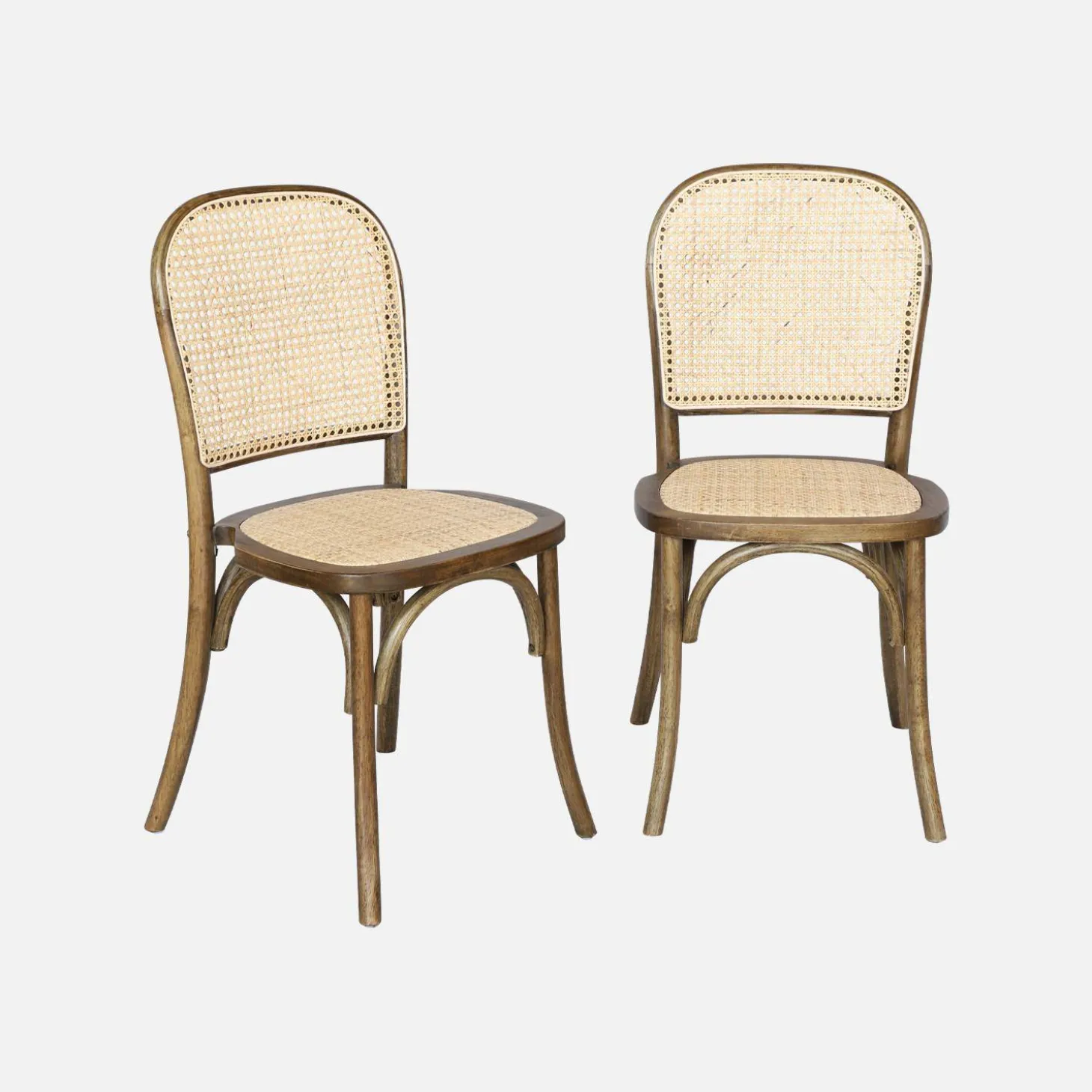 Houten en rotan vintage stoelen (set van 2)