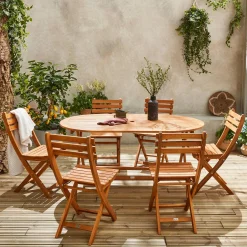 Houten klaptafel, ovaal, 6 stoelen