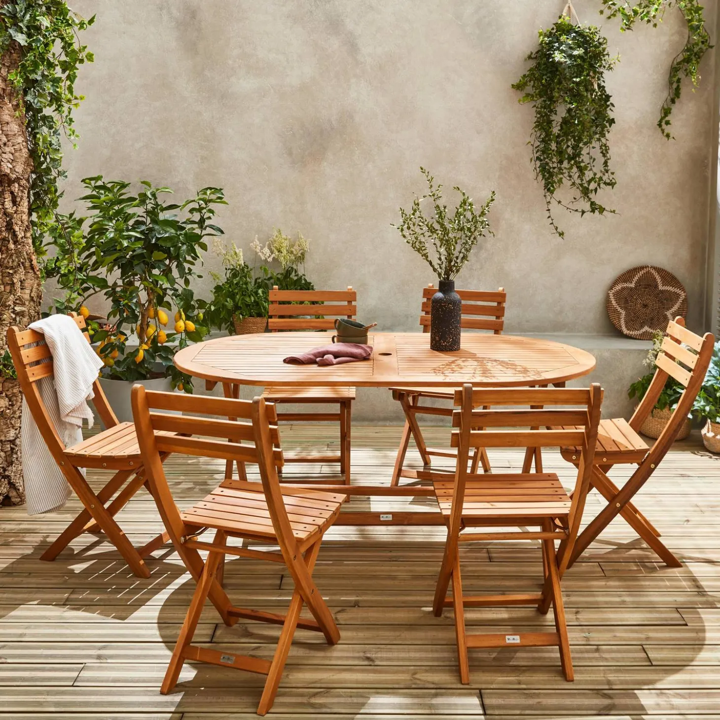 Houten klaptafel, ovaal, 6 stoelen