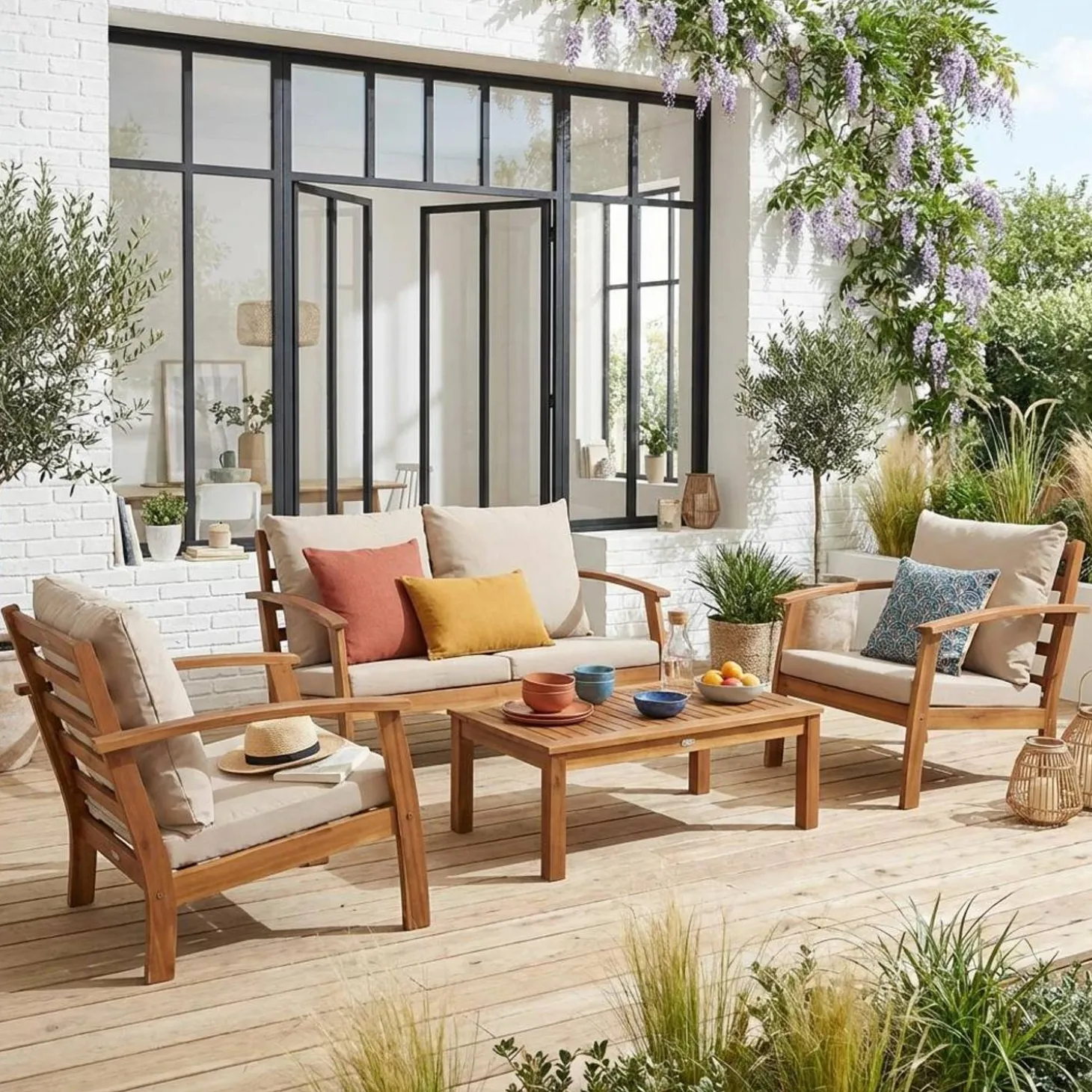 Houten loungeset, 4 zitplaatsen