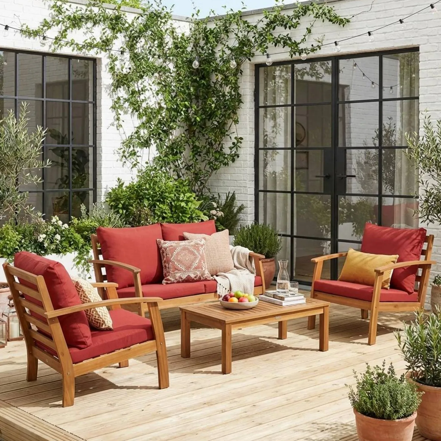 Houten loungeset, 4 zitplaatsen