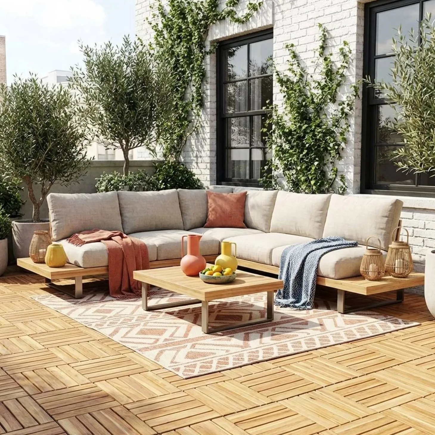 Houten terrastegels, lineair patroon, met latten