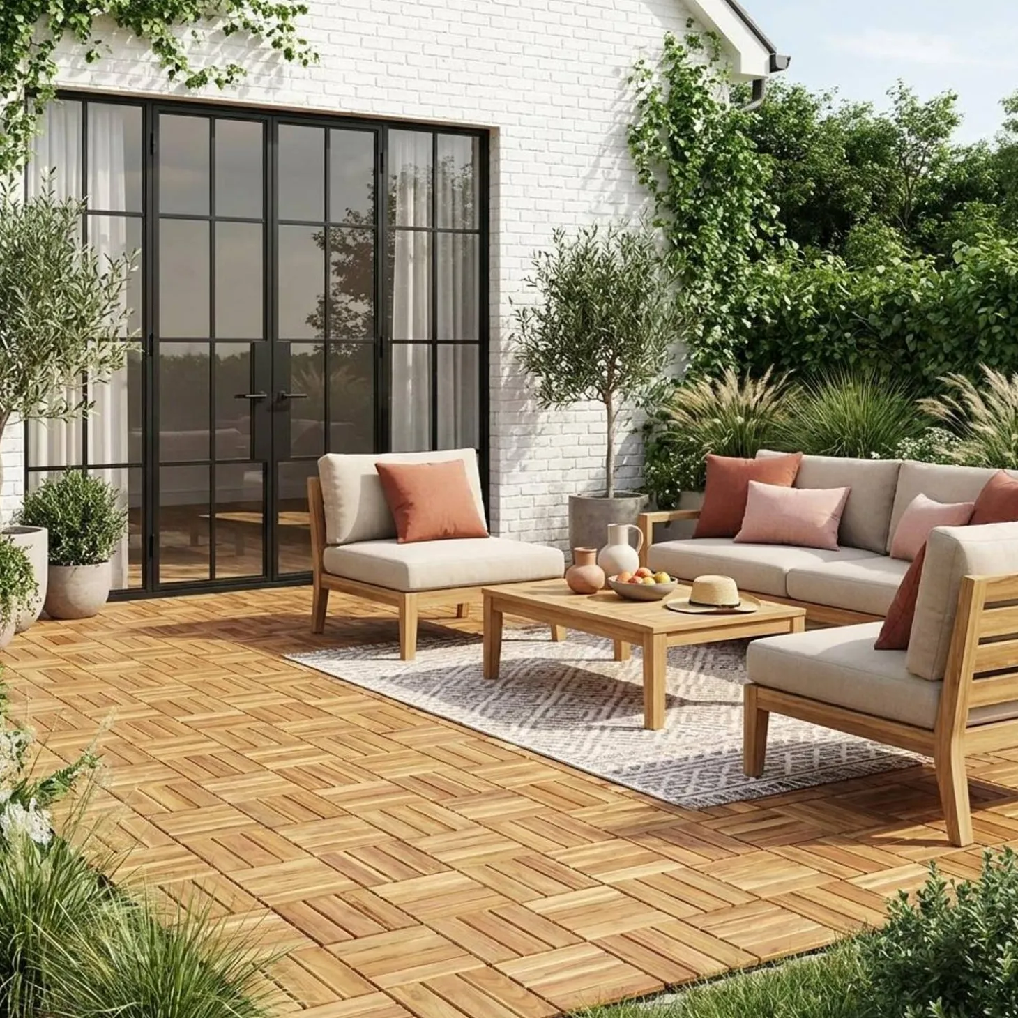 Houten terrastegels, vierkant patroon