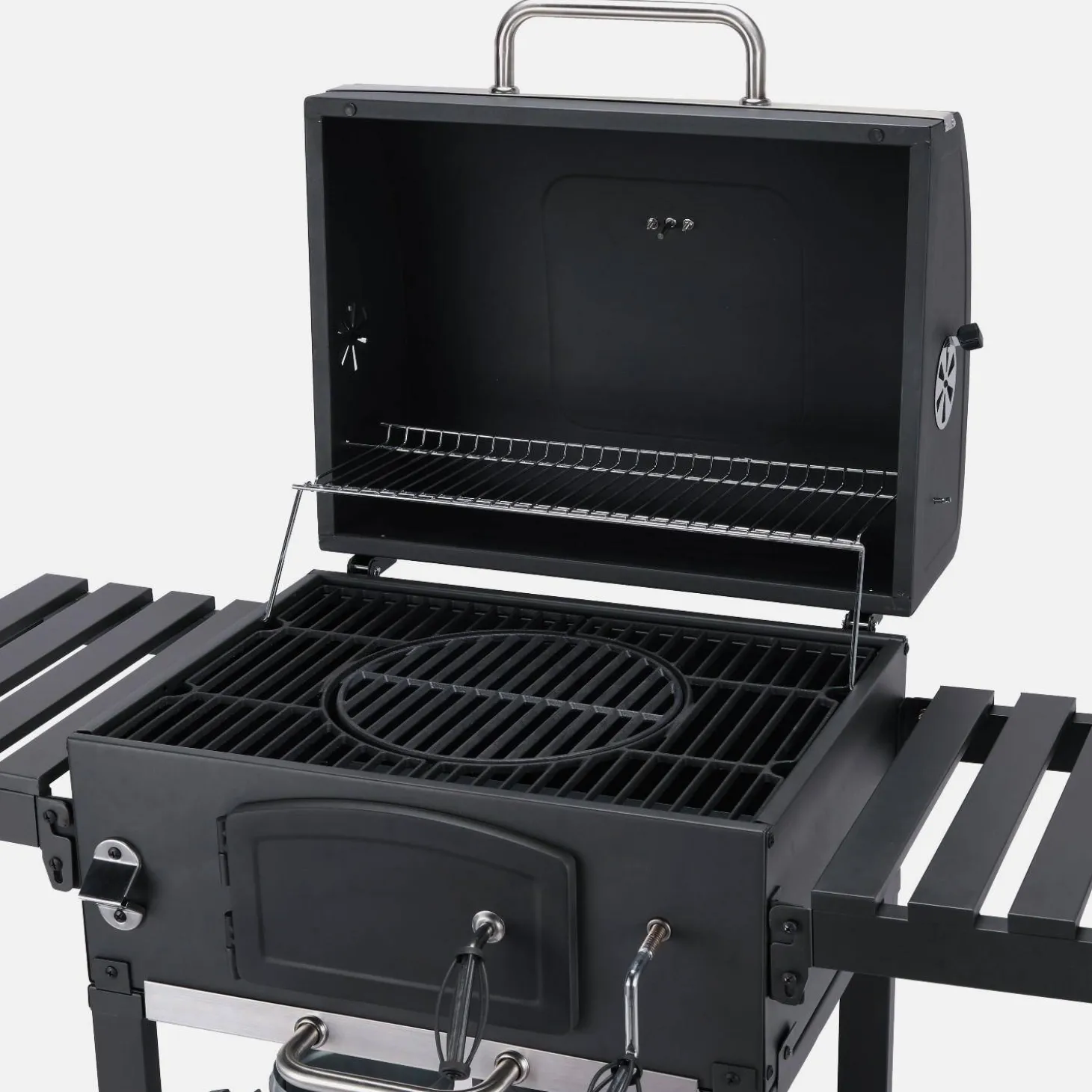 Houtskool BBQ en smoker met opklapzijtafeltjes 2 wieltjes en hoes