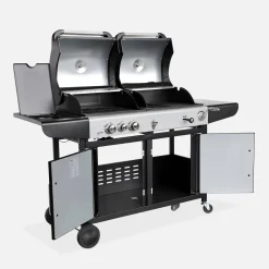 2-in-1 gas- en houtskoolbarbecue, 3 branders + 1 zijbrander, grill en roker met planken en hoes