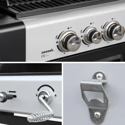 2-in-1 gas- en houtskoolbarbecue, 3 branders + 1 zijbrander, grill en roker met planken en hoes