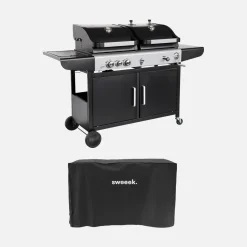 2-in-1 gas- en houtskoolbarbecue, 3 branders + 1 zijbrander, grill en roker met planken en hoes