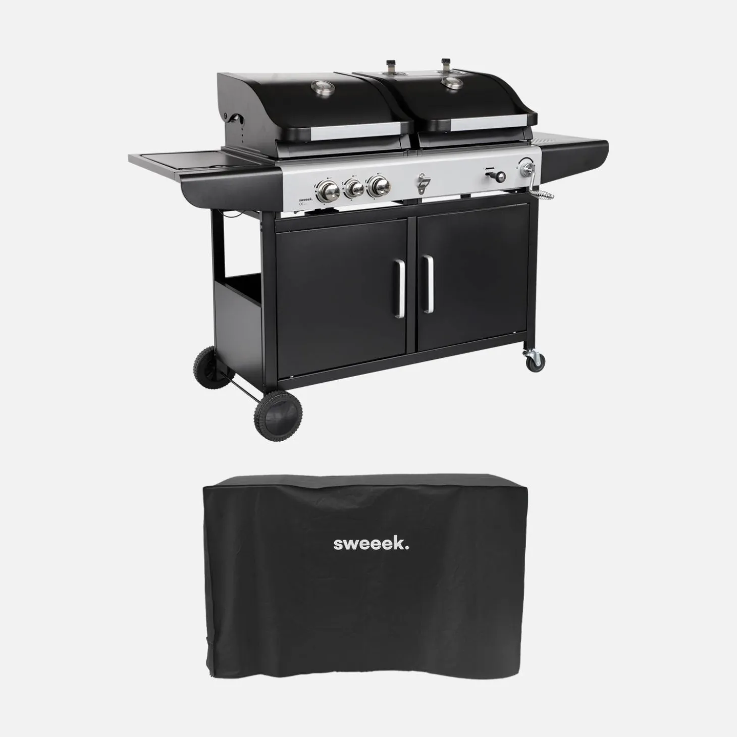 2-in-1 gas- en houtskoolbarbecue, 3 branders + 1 zijbrander, grill en roker met planken en hoes