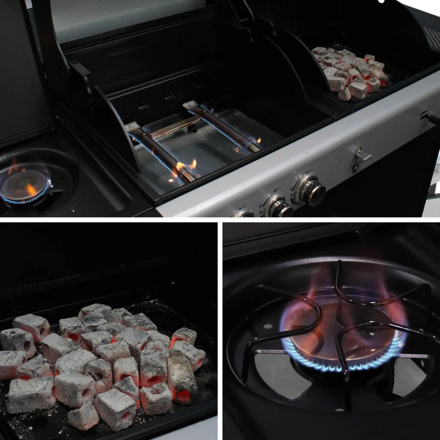 2-in-1 gas- en houtskoolbarbecue, 3 branders + 1 zijbrander, grill en roker met planken en hoes