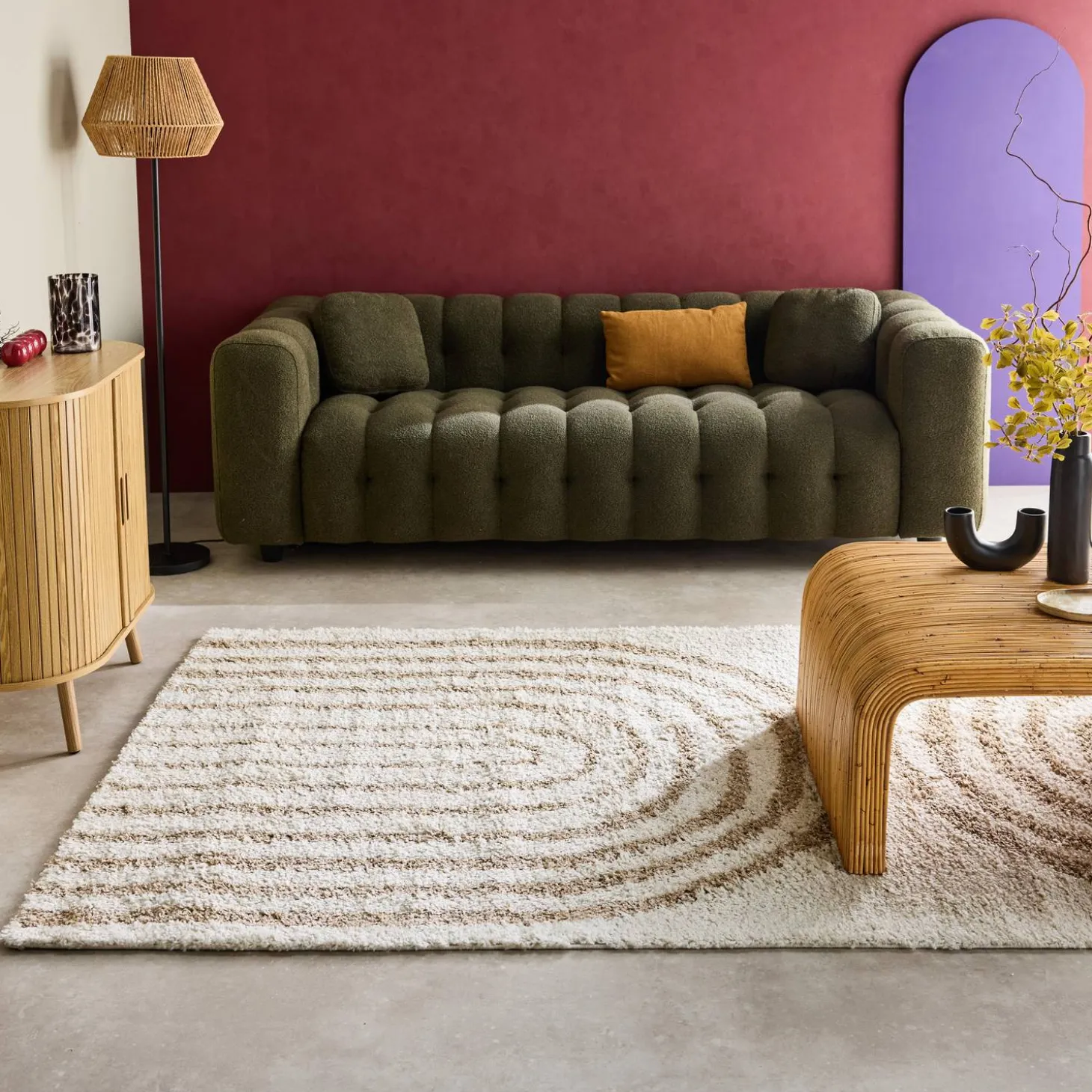 Interieurtapijt, geometrisch regenboog patroon, beige
