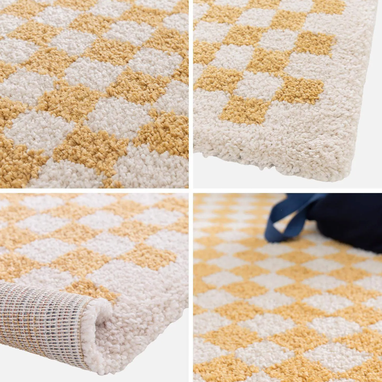 Interieur tapijt met dambord vorm in mosterdgeel en crème