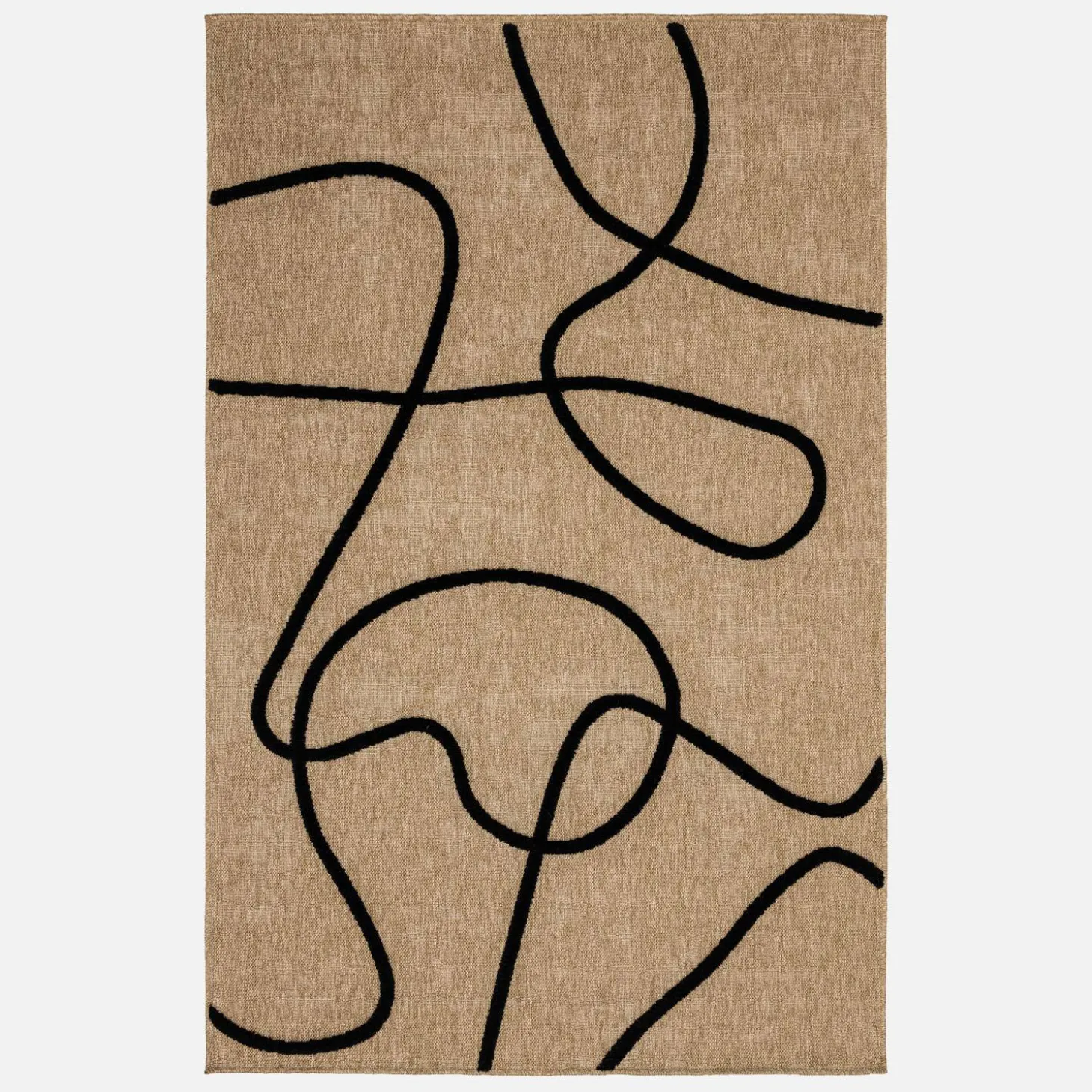 Interieurtapijt met jute-effect, zwart grafisch reliëfpatroon.