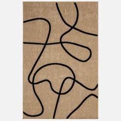 Interieurtapijt met jute-effect, zwart grafisch reliëfpatroon.