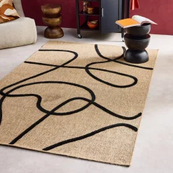Interieurtapijt met jute-effect, zwart grafisch reliëfpatroon.