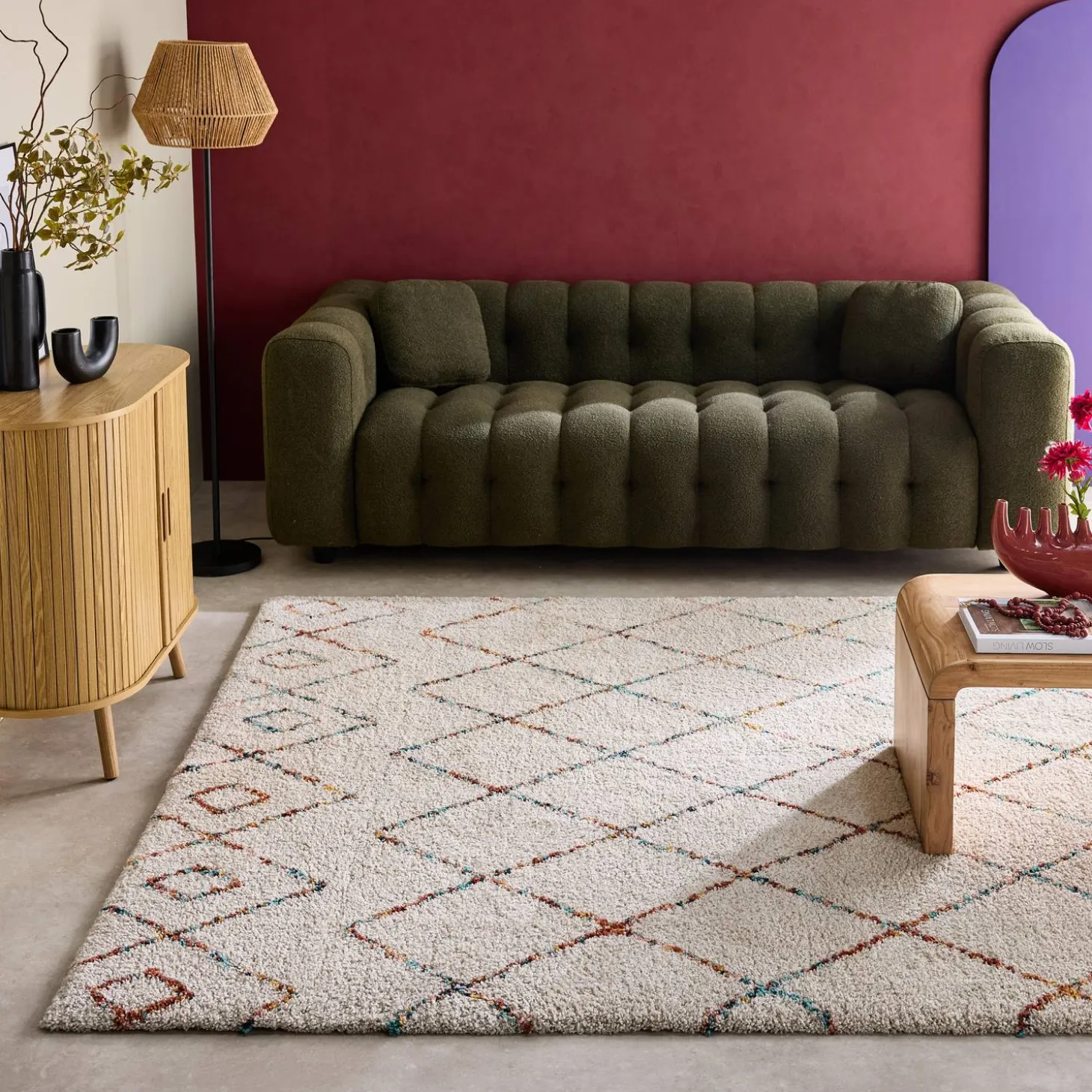 Interieur tapijt van shaggy stof, Berber-stijl, crèmekleurig en veelkleurig