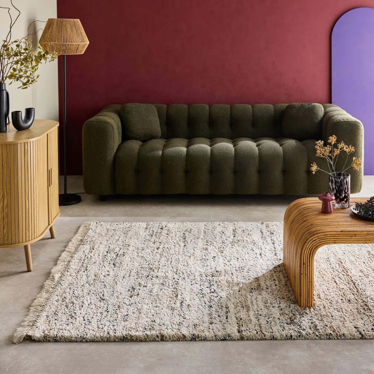 Interieur vloerkleed met gevlekt patroon crème