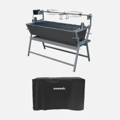 Kantelbare houtskoolbarbecue met elektrisch draaispit en hoes
