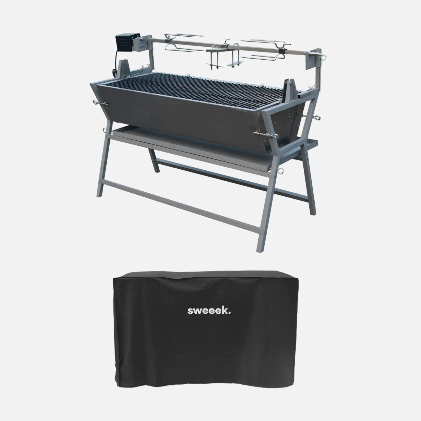 Kantelbare houtskoolbarbecue met elektrisch draaispit en hoes