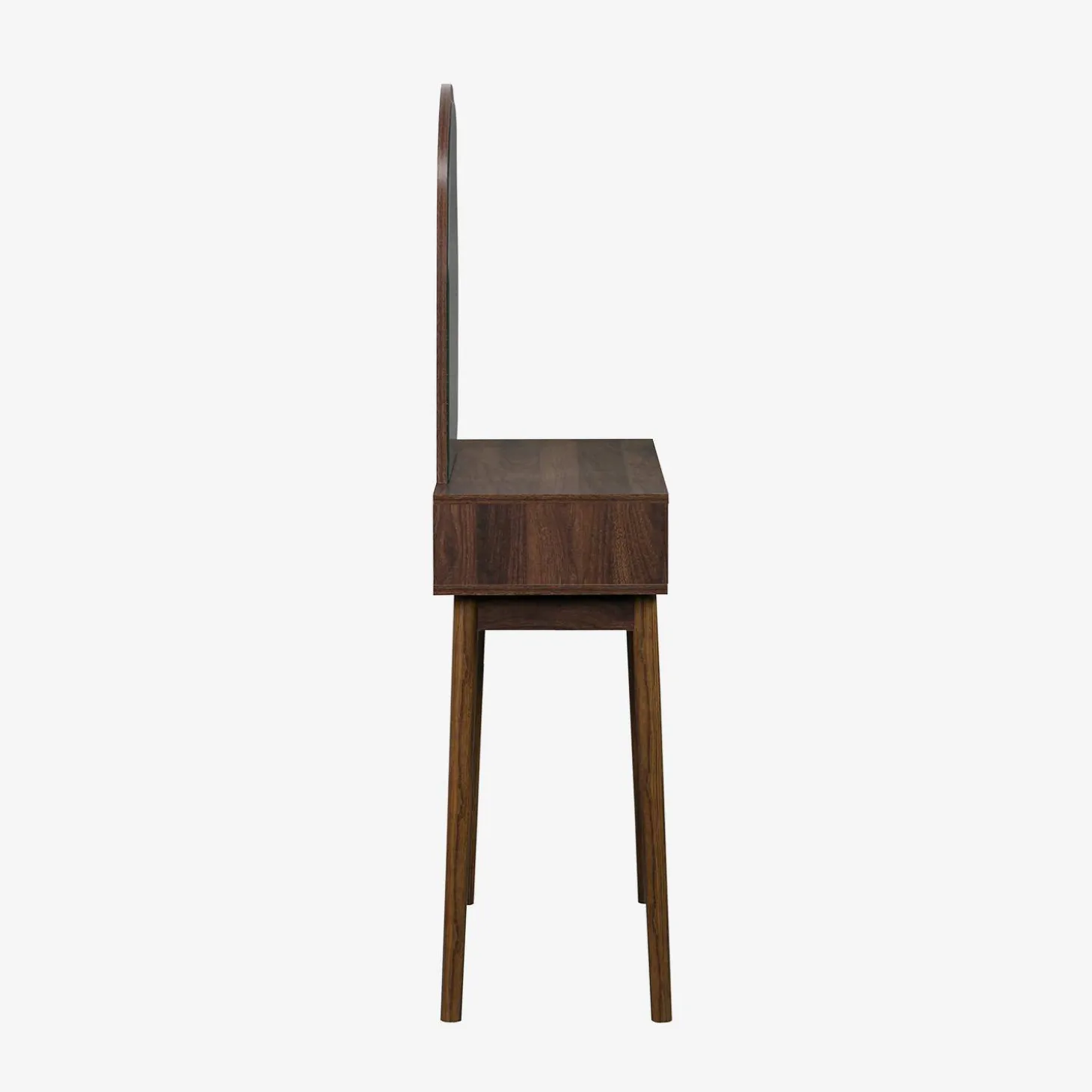 Kaptafel met hout decor, ronde spiegel, 2 lades, 90 cm.