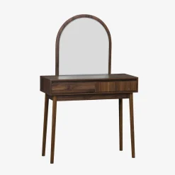 Kaptafel met hout decor, ronde spiegel, 2 lades, 90 cm.