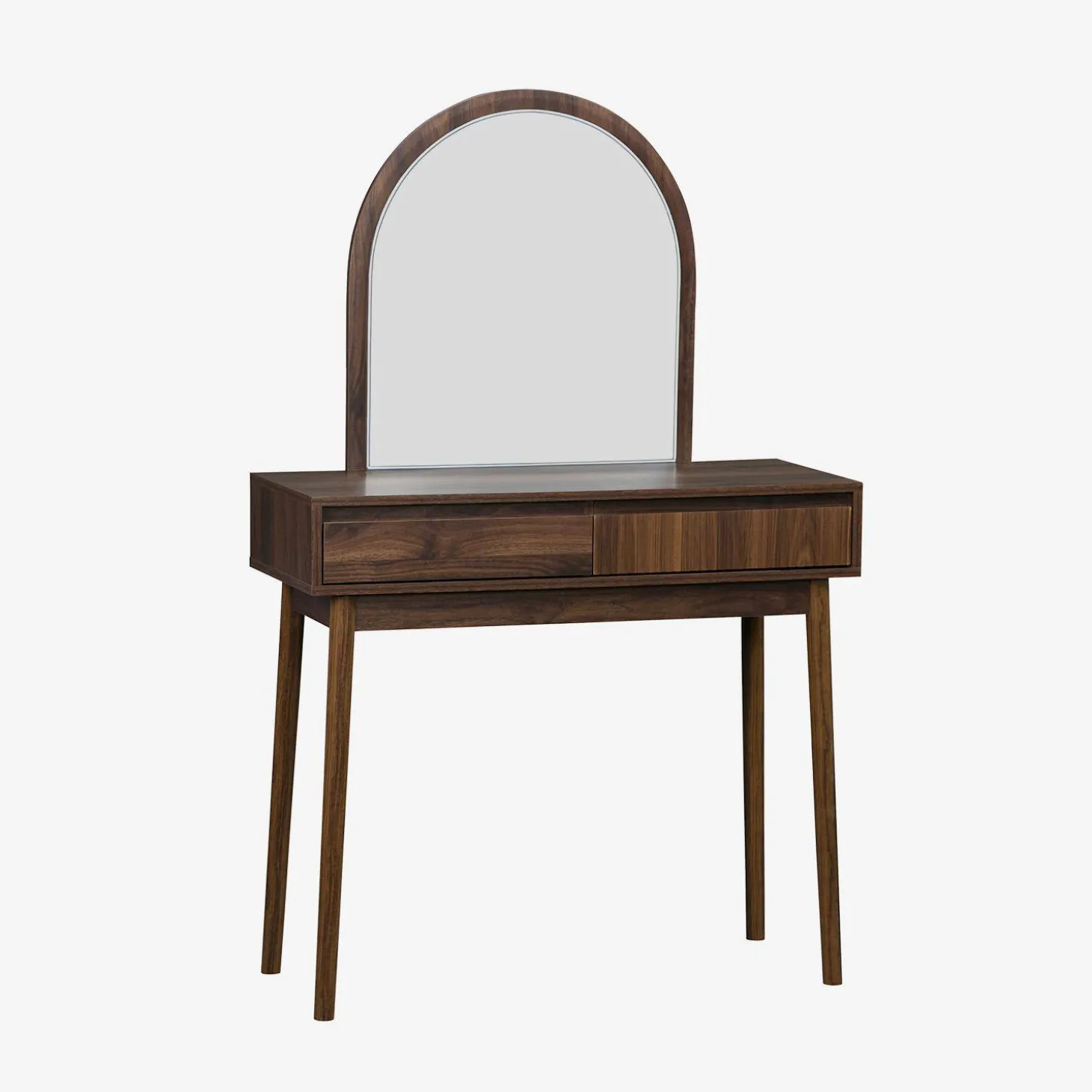 Kaptafel met hout decor, ronde spiegel, 2 lades, 90 cm.