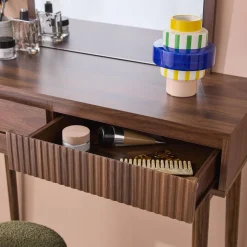 Kaptafel met hout decor, ronde spiegel, 2 lades, 90 cm.