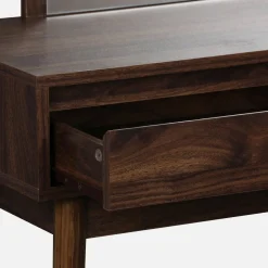 Kaptafel met hout decor, ronde spiegel, 2 lades, 90 cm.