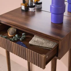 Kaptafel met hout decor, ronde spiegel 1 lade 60 cm