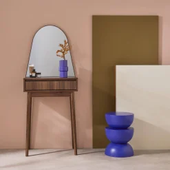Kaptafel met hout decor, ronde spiegel 1 lade 60 cm