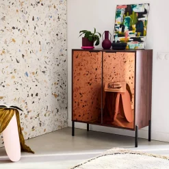 Kastje 2 glanzende deuren houteffect vintage 83cm