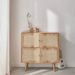 Kastje met 4 deuren houtdecor en rotan 80cm