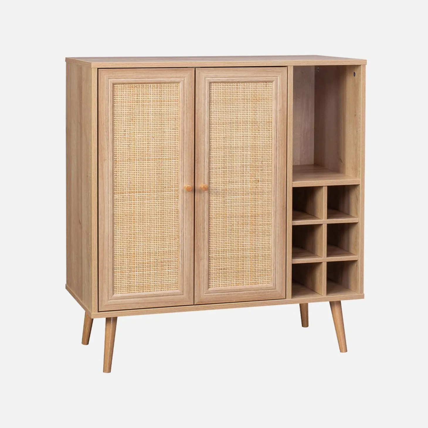 Kastje met 2 deuren 7 open vakken houtdecor en rotan 83cm