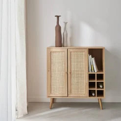 Kastje met 2 deuren 7 open vakken houtdecor en rotan 83cm