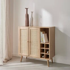Kastje met 2 deuren 7 open vakken houtdecor en rotan 83cm