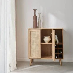 Kastje met 2 deuren 7 open vakken houtdecor en rotan 83cm