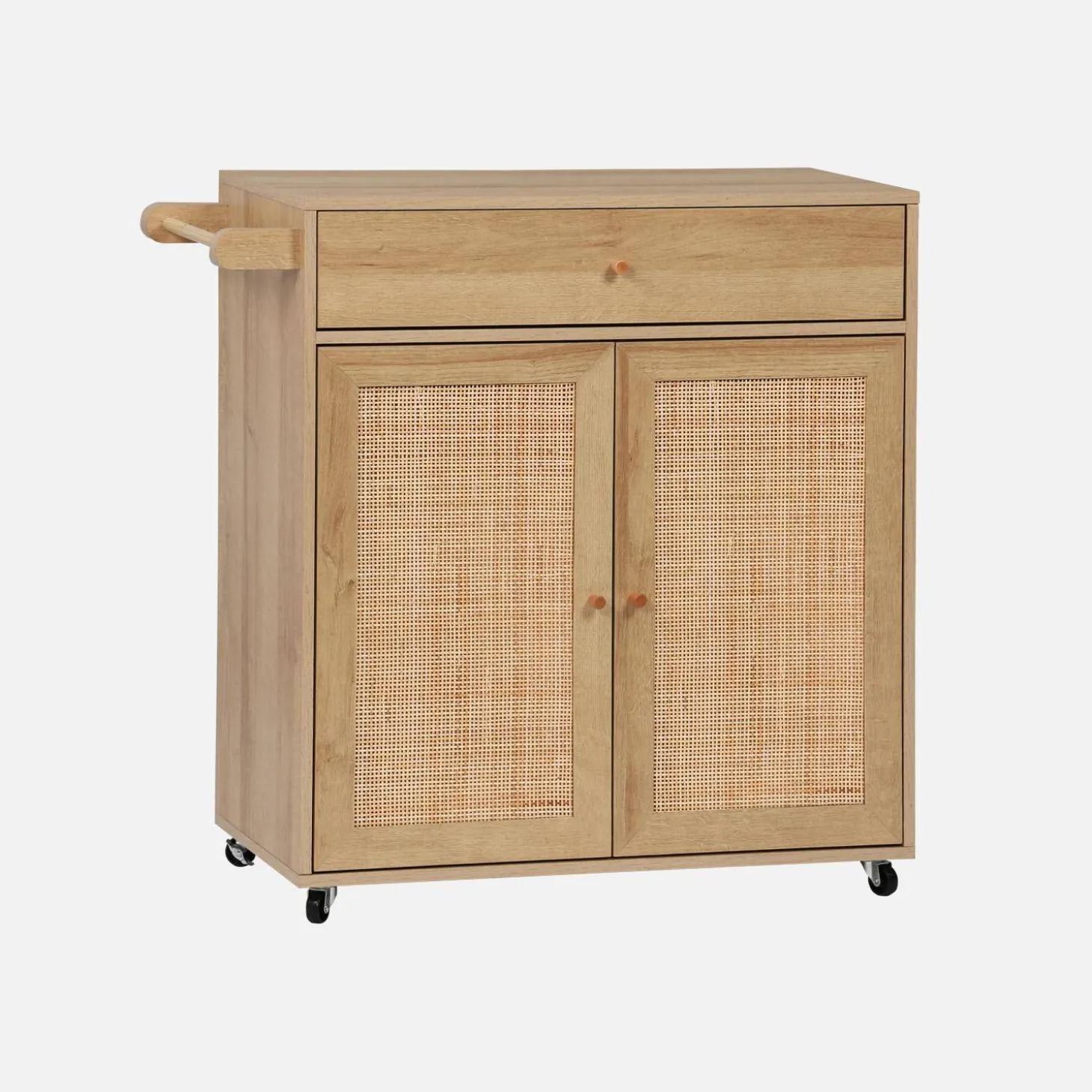 Keukentrolley met 2 deuren 1 lade en stang houtdecor en rotan 90,5cm
