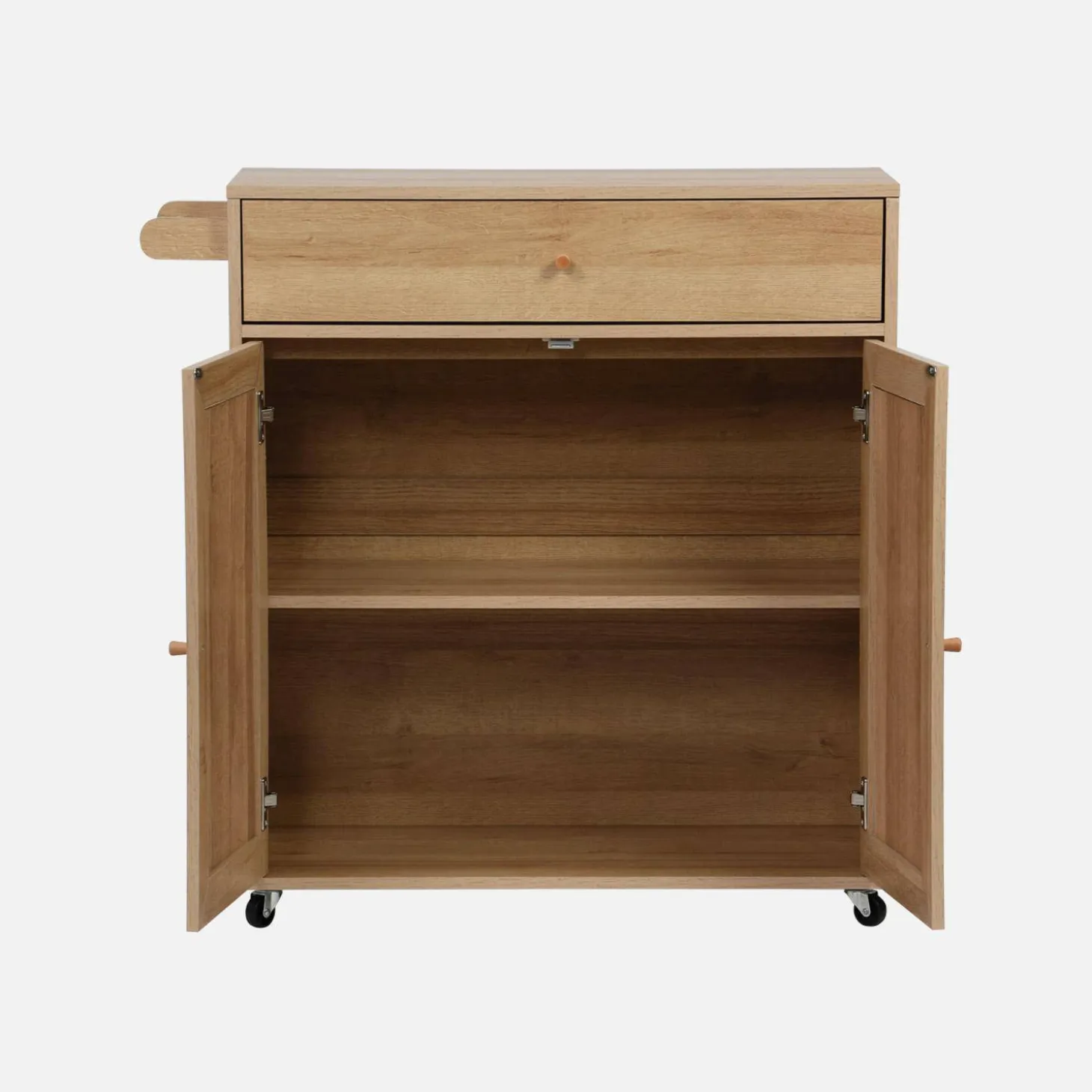 Keukentrolley met 2 deuren 1 lade en stang houtdecor en rotan 90,5cm