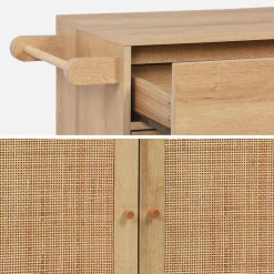 Keukentrolley met 2 deuren 1 lade en stang houtdecor en rotan 90,5cm