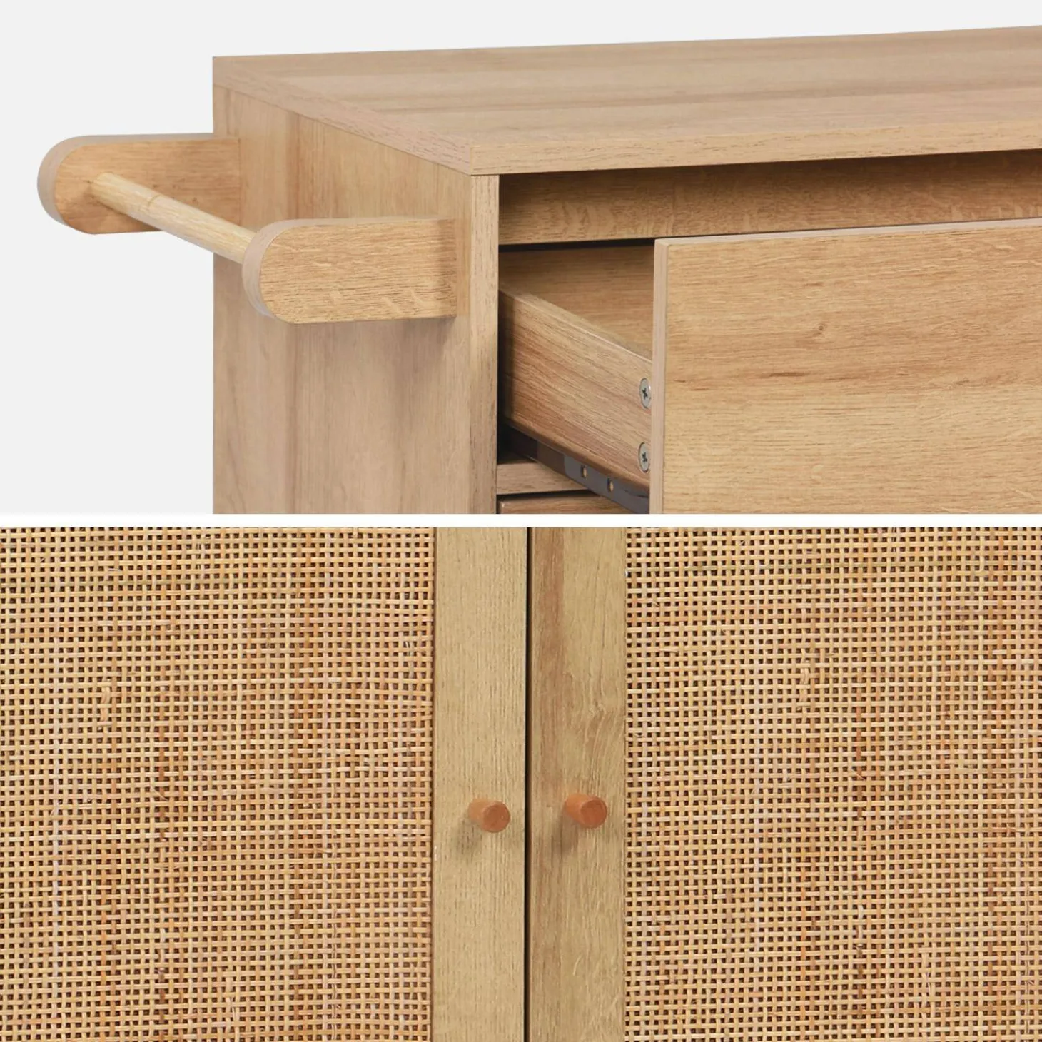 Keukentrolley met 2 deuren 1 lade en stang houtdecor en rotan 90,5cm
