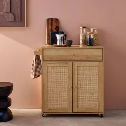 Keukentrolley met 2 deuren 1 lade en stang houtdecor en rotan 90,5cm