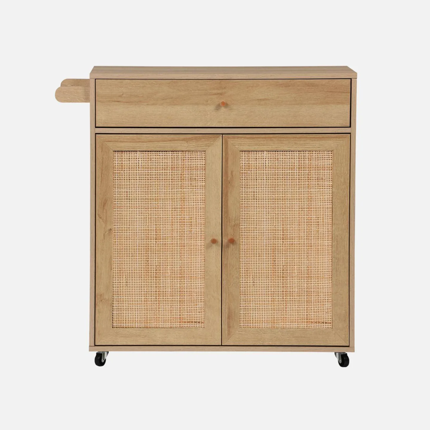 Keukentrolley met 2 deuren 1 lade en stang houtdecor en rotan 90,5cm
