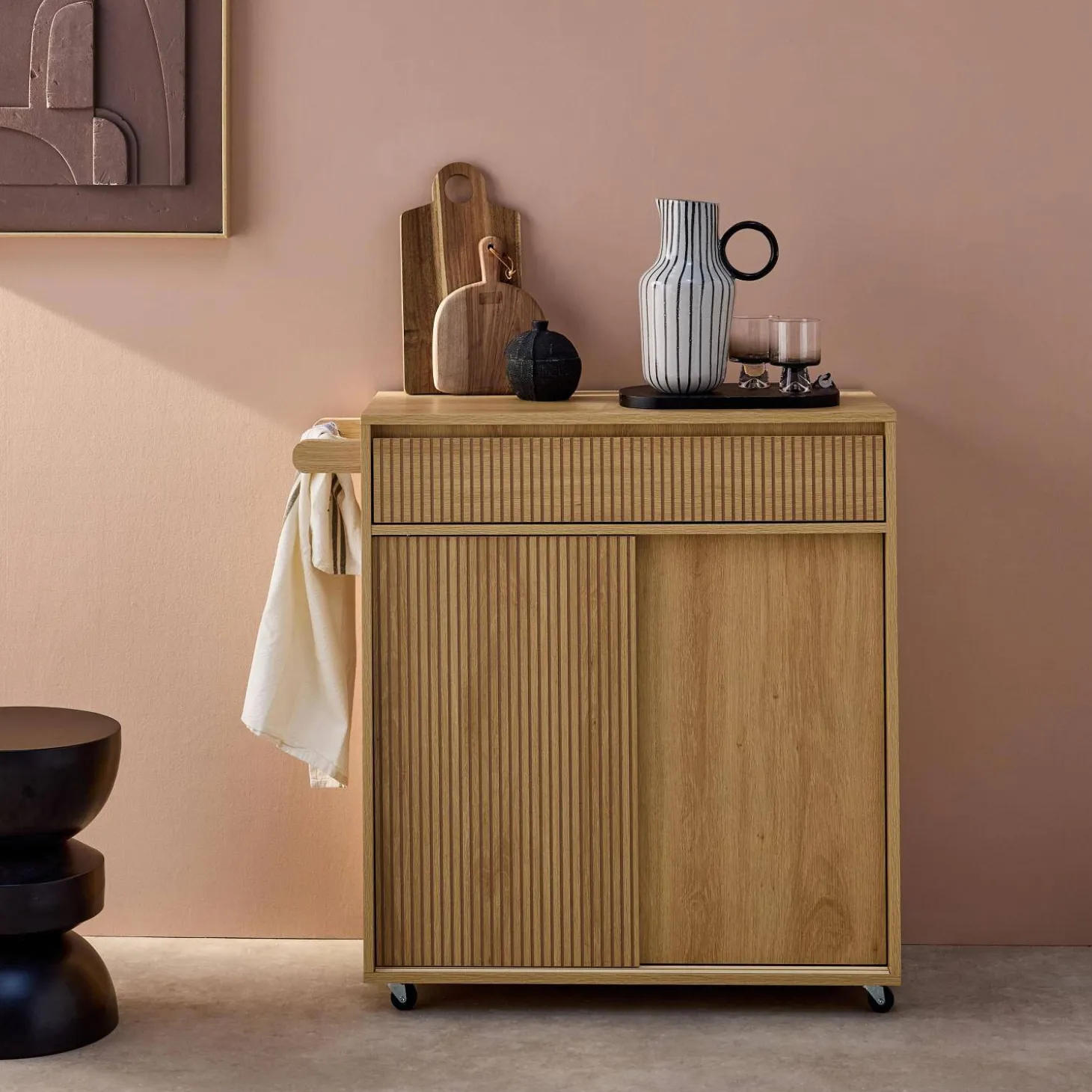 Keukentrolley met houtdecor 1 handgreep 1 lade 2 schuifdeuren