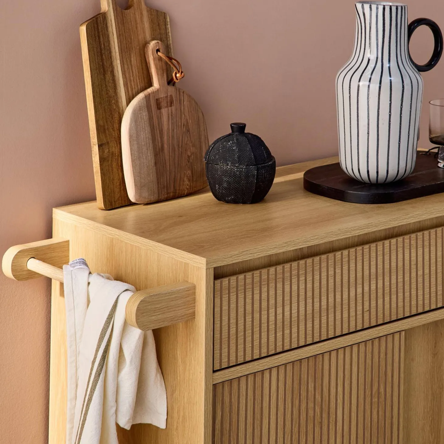 Keukentrolley met houtdecor 1 handgreep 1 lade 2 schuifdeuren