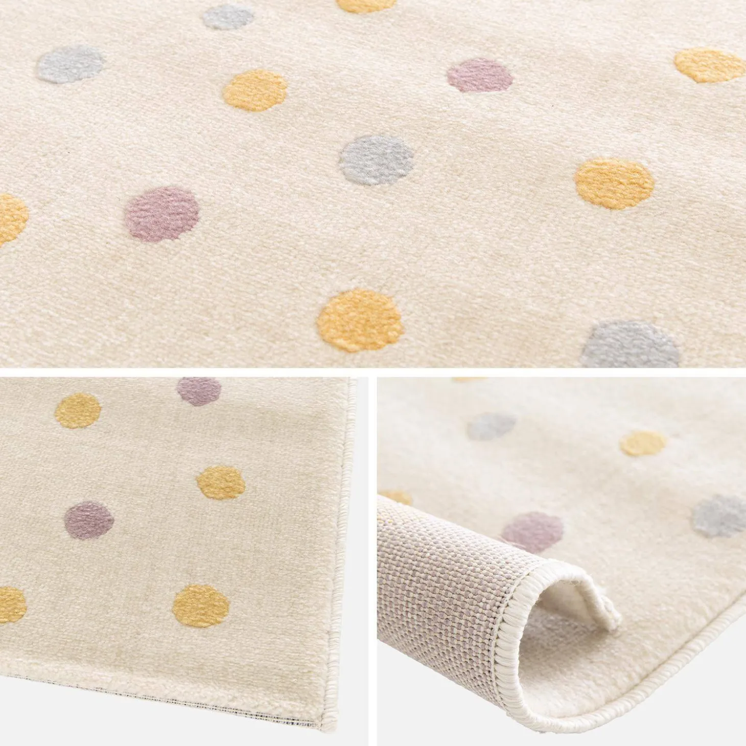 Kinderkleed met stippen, crème, blauw, geel en paars