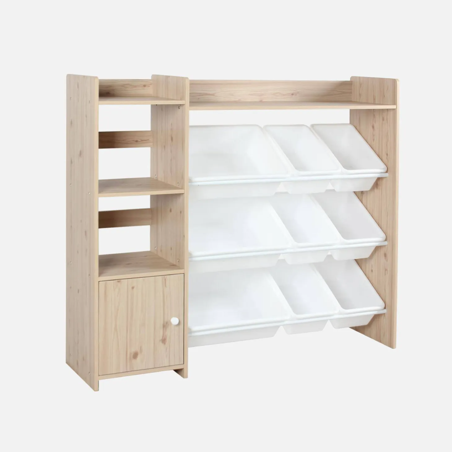 Kinderopbergmeubel met 9 opbergbakken, 4 planken, 1 deur