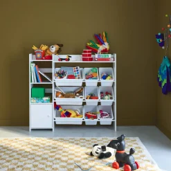 Kinderopbergmeubel met 9 opbergbakken, 4 planken, 1 deur