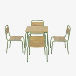 Kindertuintafel van staal en houtdecor met 4 stoelen