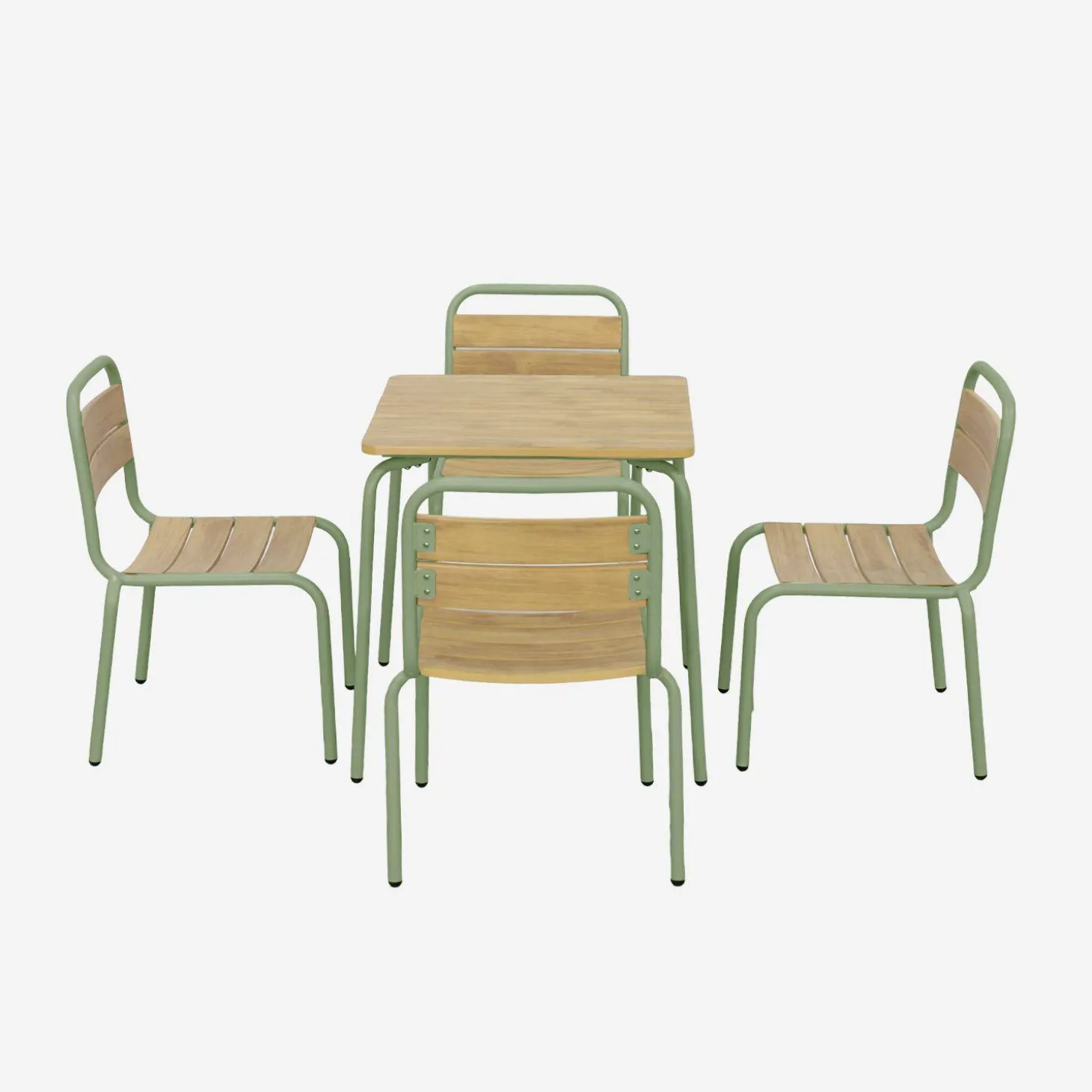 Kindertuintafel van staal en houtdecor met 4 stoelen