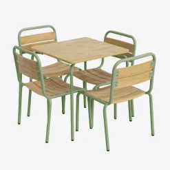 Kindertuintafel van staal en houtdecor met 4 stoelen